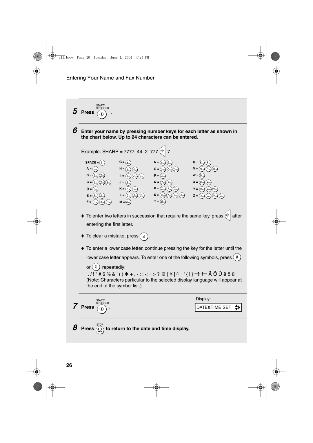 Sharp UX-B30 manual Example Sharp = 7777 44 2 777 