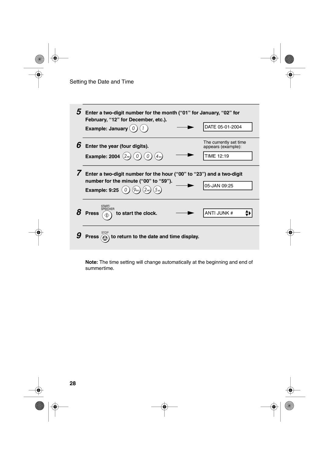 Sharp UX-B30 manual Enter the year four digits Example, Press to start the clock 