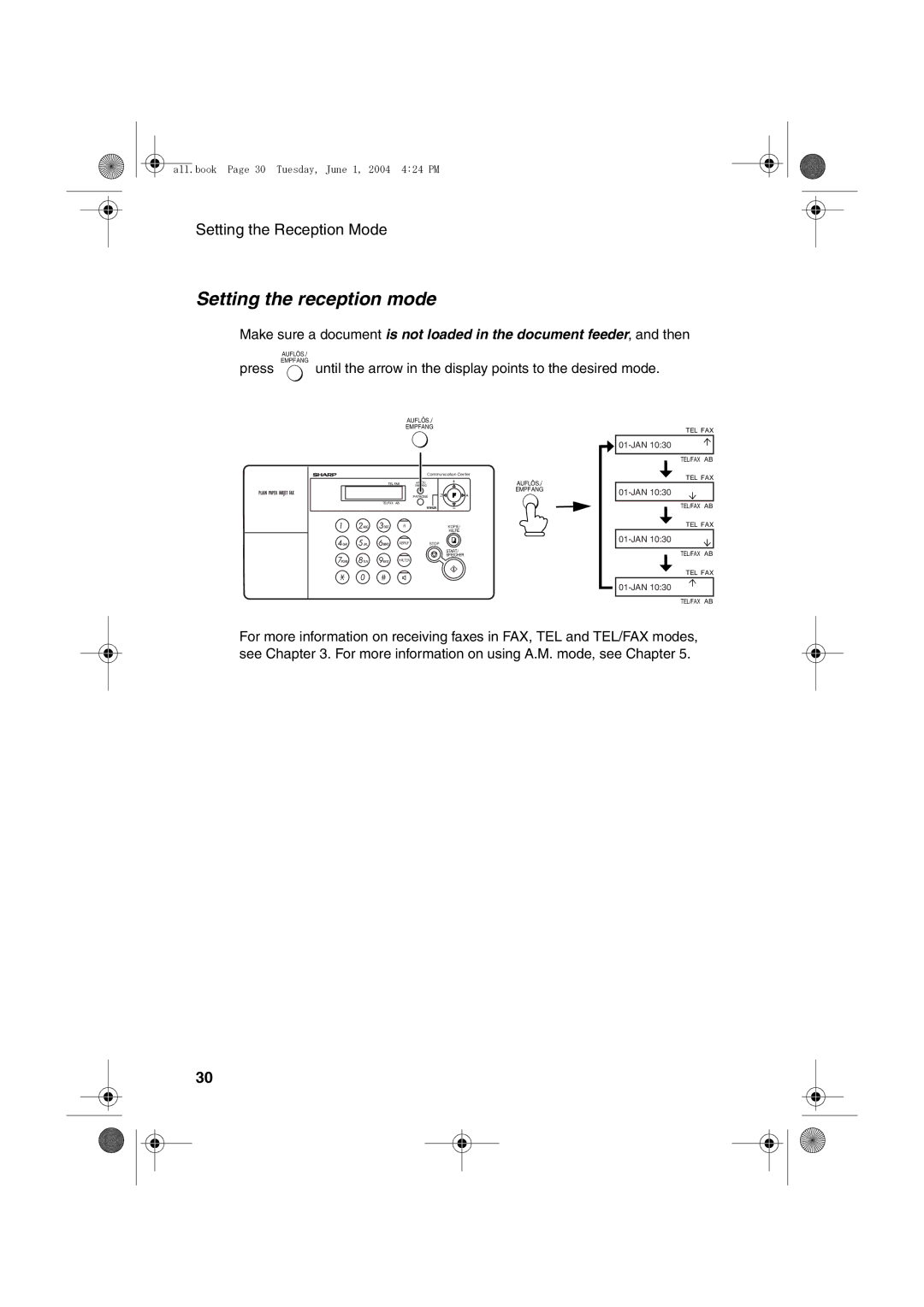 Sharp UX-B30 manual Setting the reception mode, Press 