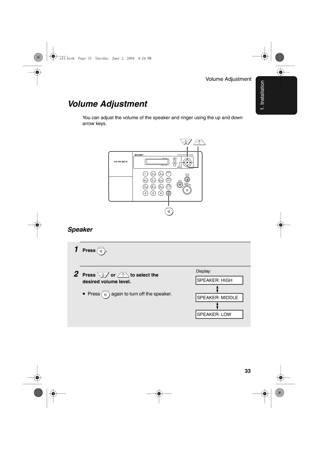 Sharp UX-B30 manual Volume Adjustment, Speaker, Press To select, Desired volume level, Press Again to turn off the speaker 