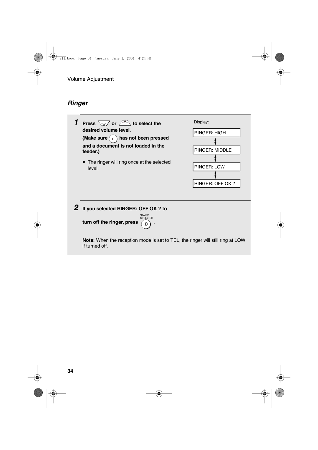 Sharp UX-B30 manual If you selected Ringer OFF OK ? to, Turn off the ringer, press 