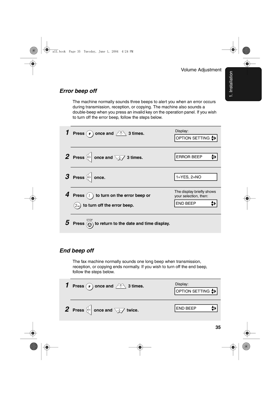 Sharp UX-B30 manual Error beep off, End beep off, Press To turn on the error beep or, To turn off the error beep 