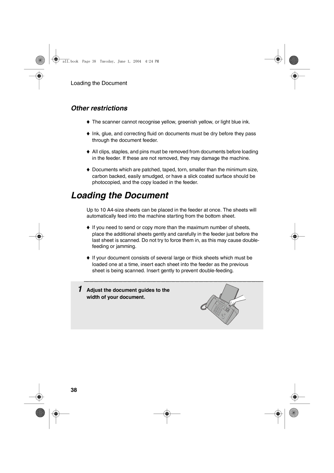 Sharp UX-B30 manual Loading the Document, Other restrictions, Adjust the document guides to the width of your document 