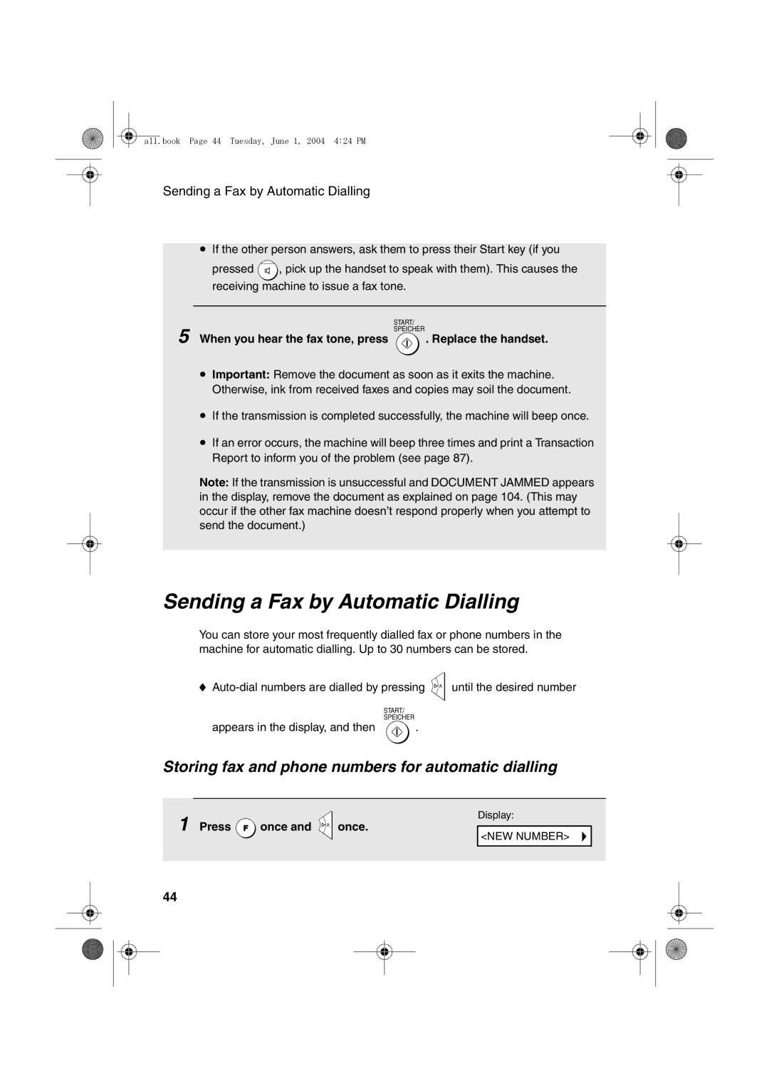 Sharp UX-B30 manual Sending a Fax by Automatic Dialling, Storing fax and phone numbers for automatic dialling 