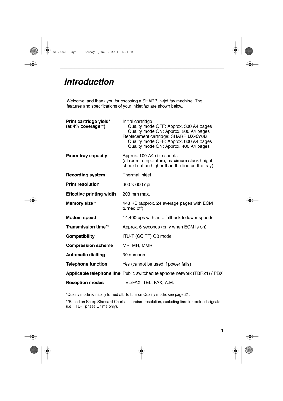 Sharp UX-B30 manual Introduction, Applicable telephone line 