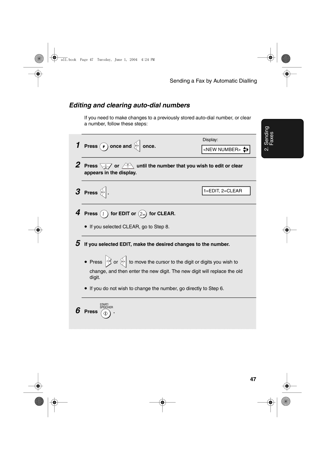 Sharp UX-B30 manual Editing and clearing auto-dial numbers, Press for Edit or for Clear 