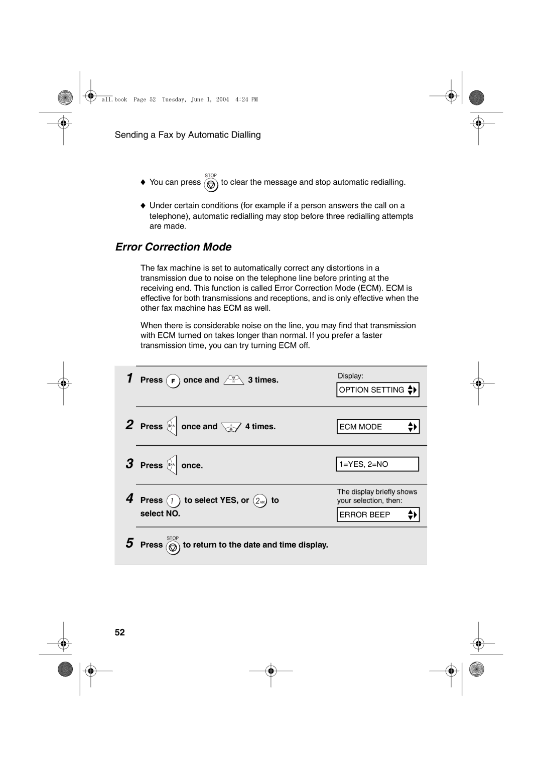 Sharp UX-B30 manual Error Correction Mode, Press To select YES, or, Select no 