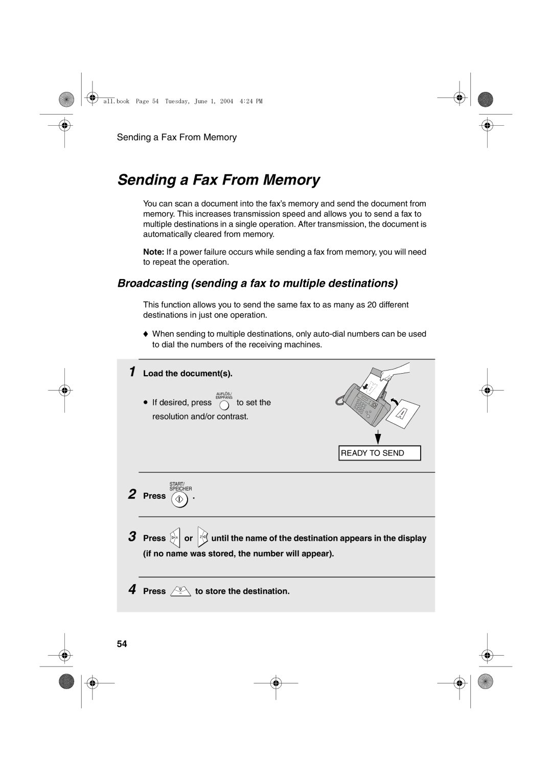 Sharp UX-B30 manual Sending a Fax From Memory, Broadcasting sending a fax to multiple destinations 