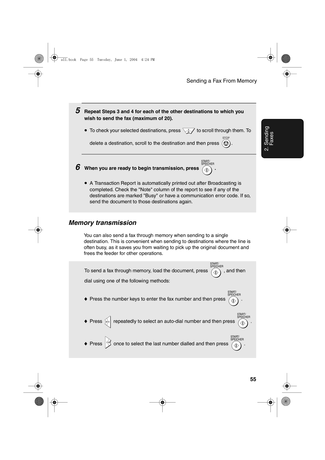 Sharp UX-B30 manual Memory transmission, When you are ready to begin transmission, press 