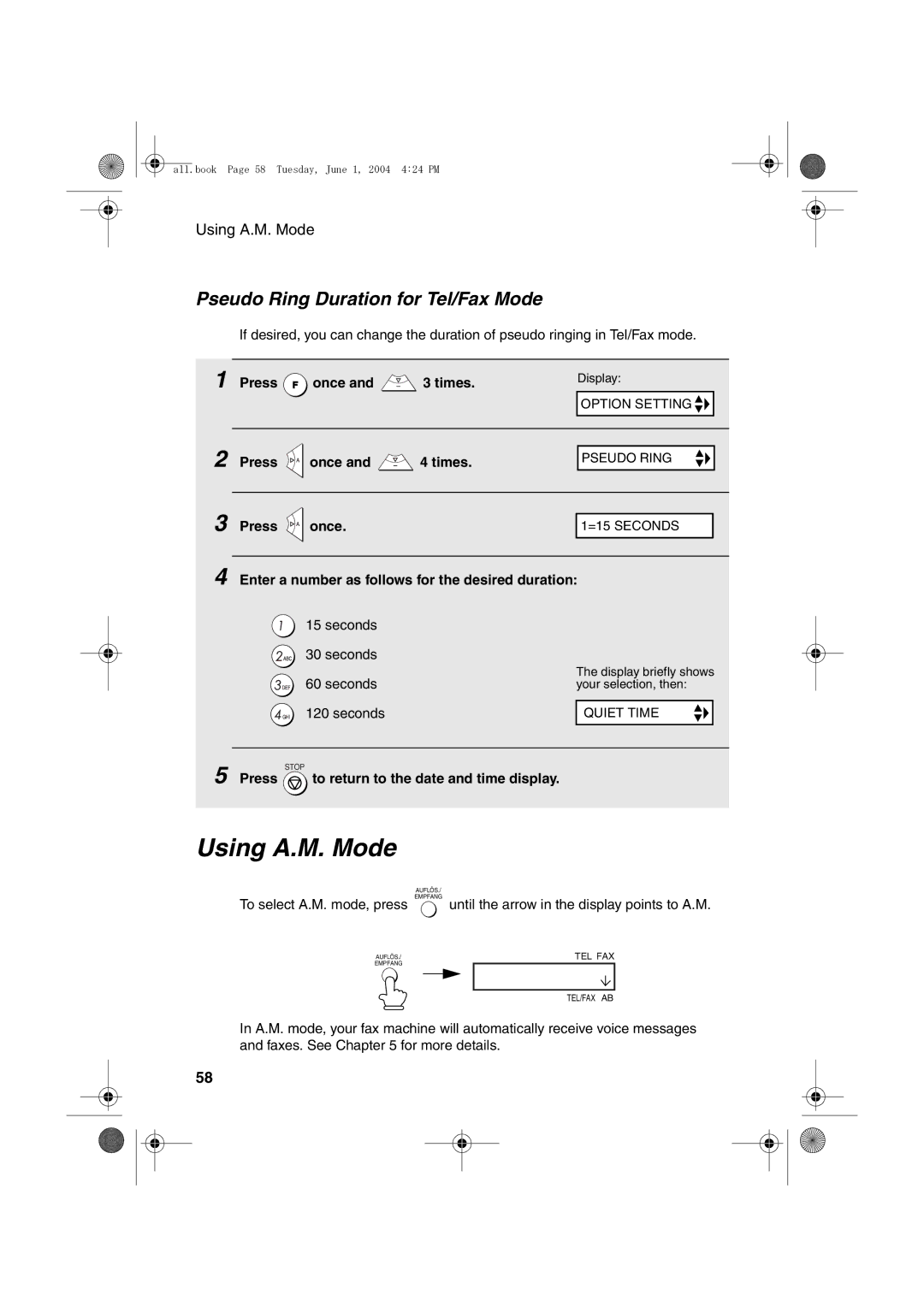 Sharp UX-B30 Using A.M. Mode, Pseudo Ring Duration for Tel/Fax Mode, Enter a number as follows for the desired duration 