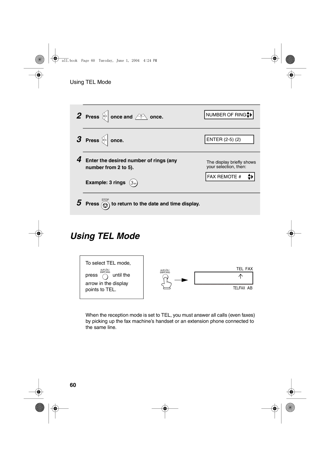 Sharp UX-B30 manual Using TEL Mode 