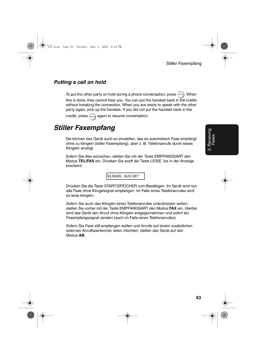 Sharp UX-B30 manual Stiller Faxempfang, Putting a call on hold 