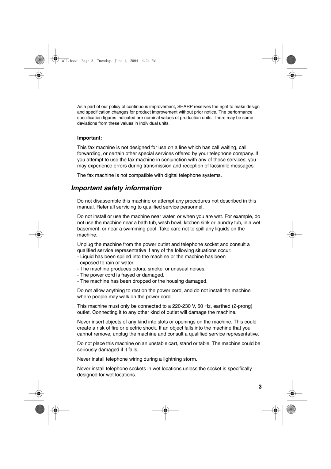 Sharp UX-B30 manual Important safety information 