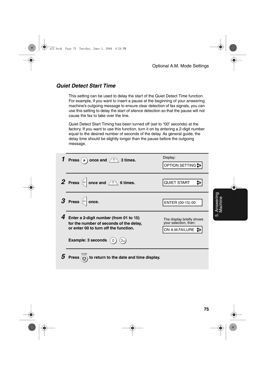 Sharp UX-B30 manual Quiet Detect Start Time, Enter a 2-digit number from 01 to, For the number of seconds of the delay 