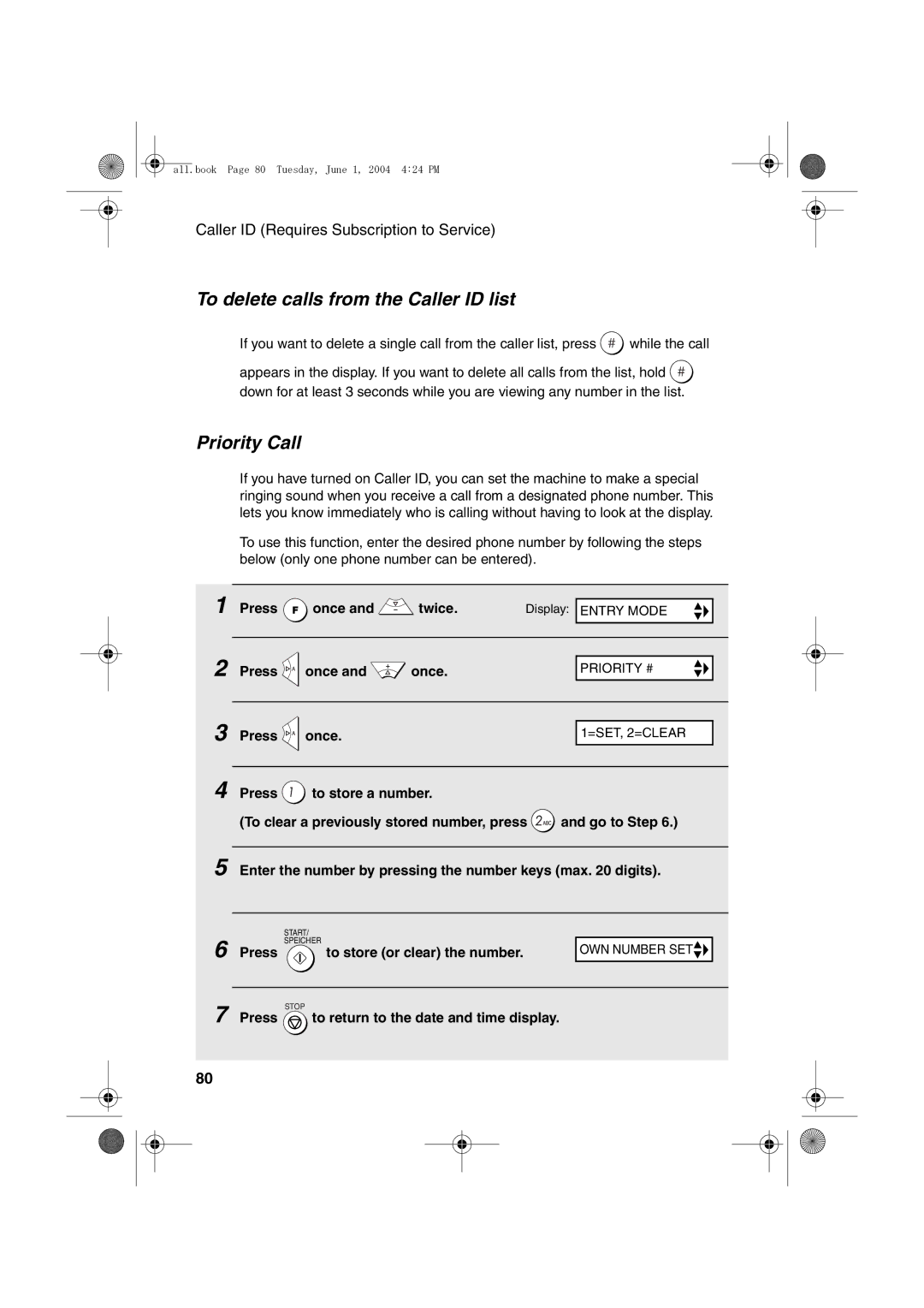 Sharp UX-B30 manual To delete calls from the Caller ID list, Priority Call, Press to store or clear the number 