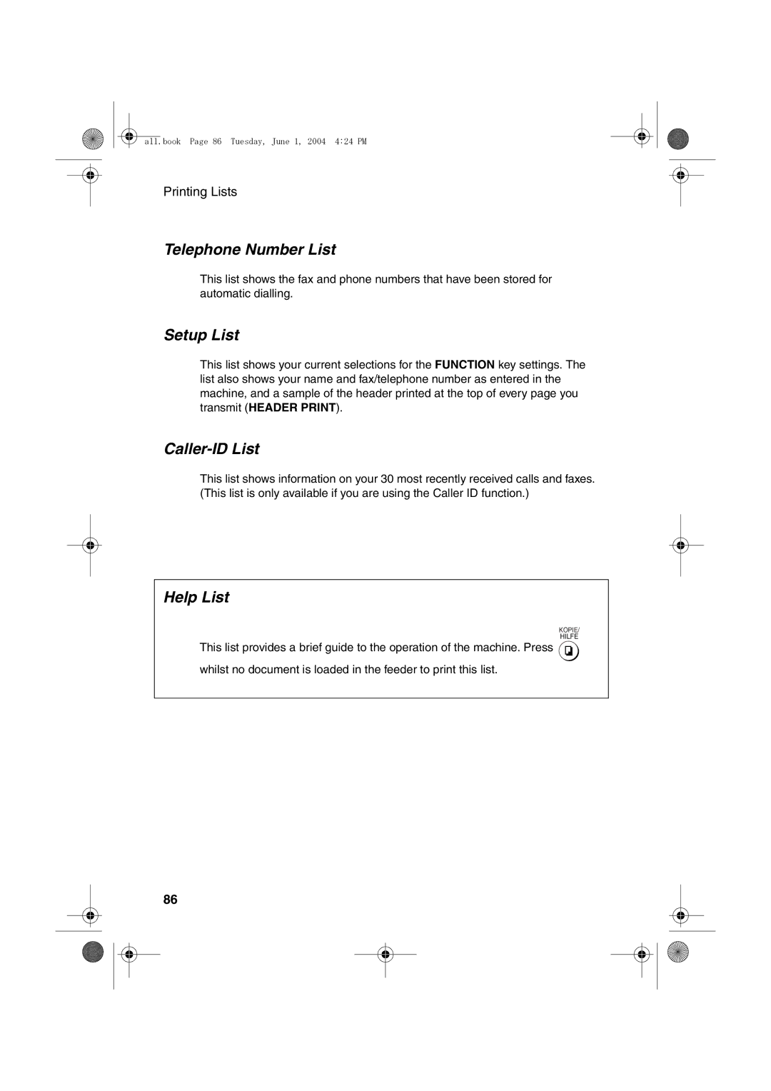 Sharp UX-B30 manual Telephone Number List, Setup List, Caller-ID List, Help List 