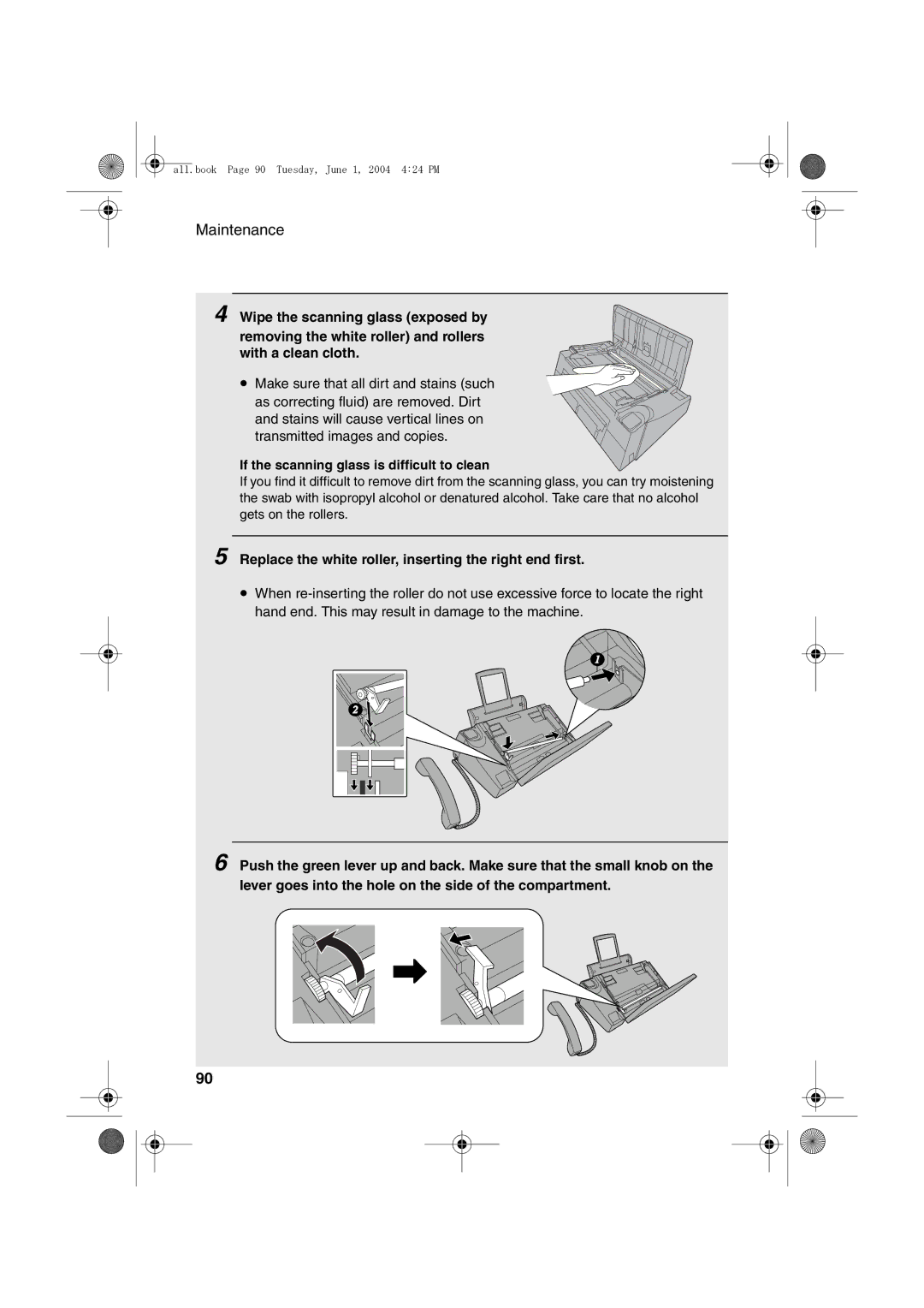 Sharp UX-B30 manual Replace the white roller, inserting the right end first, If the scanning glass is difficult to clean 