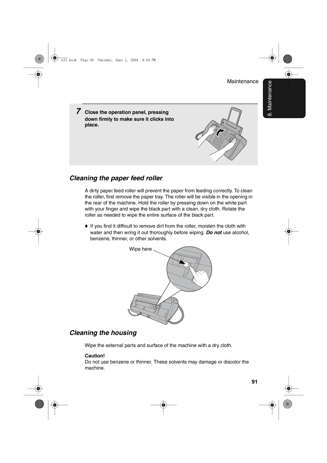 Sharp UX-B30 manual Cleaning the paper feed roller, Cleaning the housing 