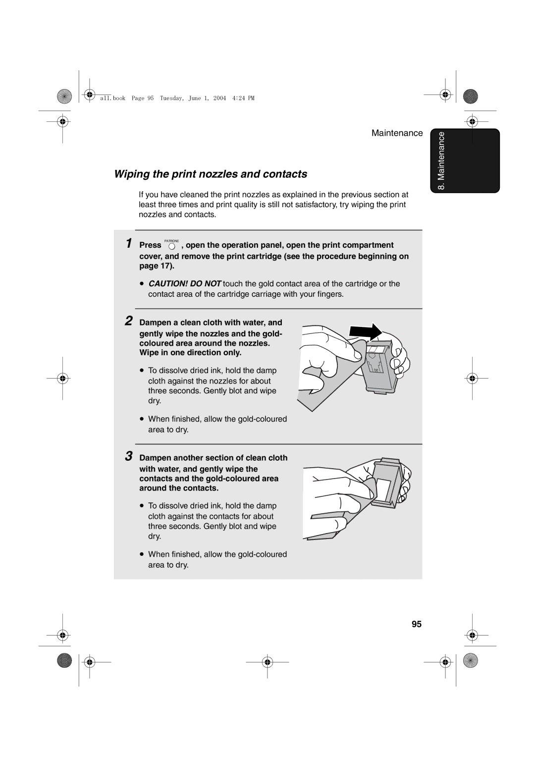 Sharp UX-B30 manual Wiping the print nozzles and contacts 