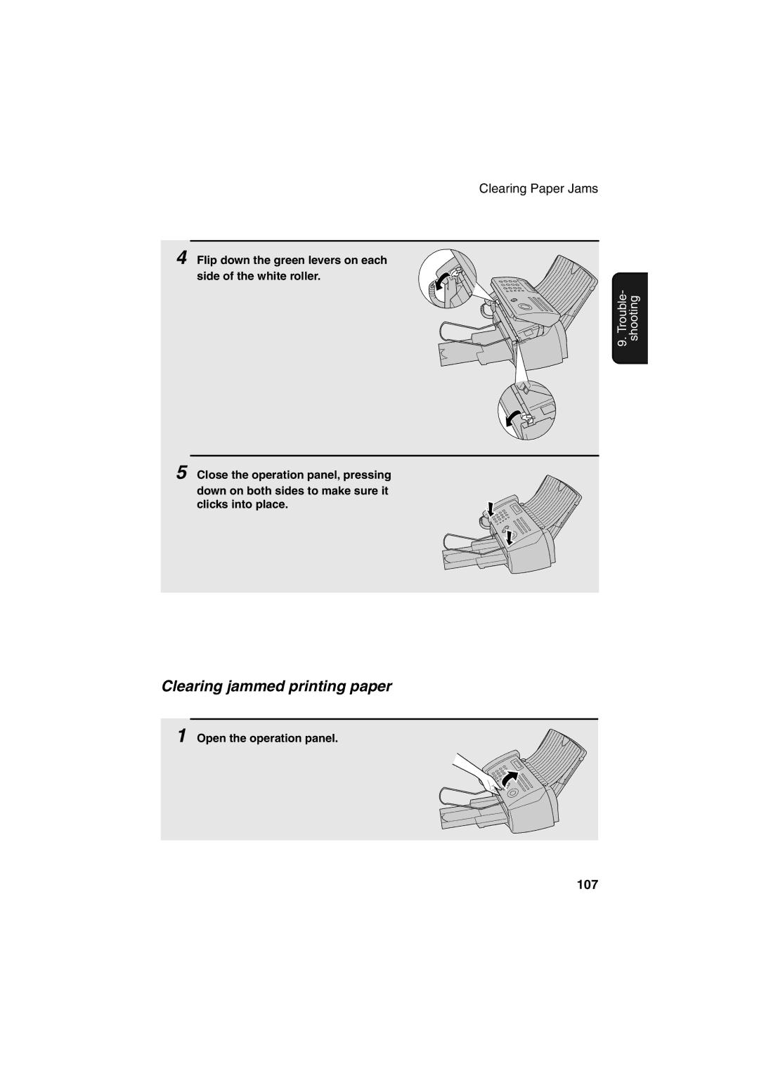 Sharp UX-B700 manual Clearing jammed printing paper, Flip down the green levers on each side of the white roller 