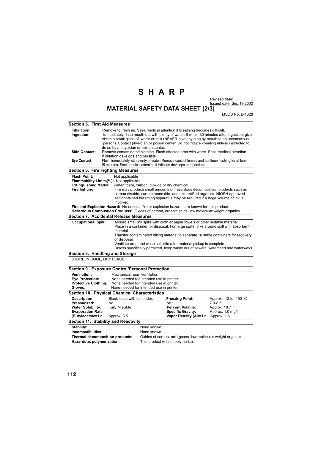 Sharp UX-B700 manual Material Safety Data Sheet 2/3 