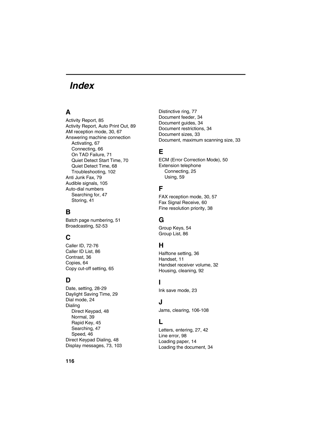 Sharp UX-B700 manual Index, 116 