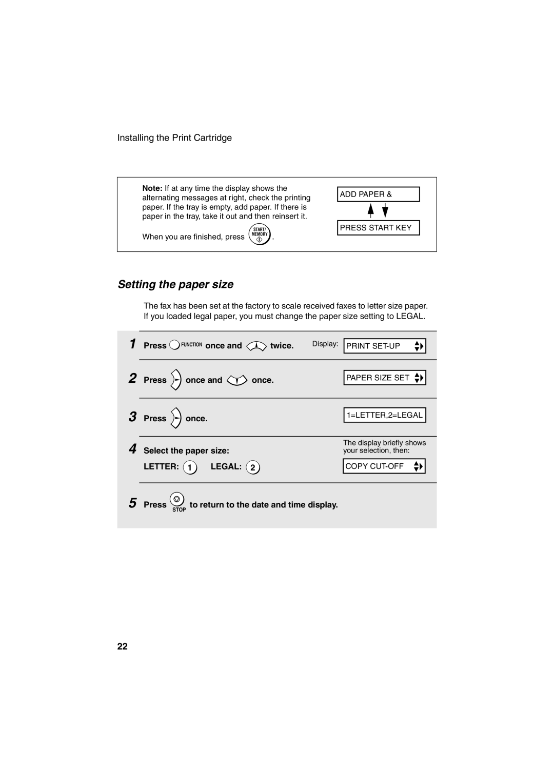 Sharp UX-B700 manual Setting the paper size 