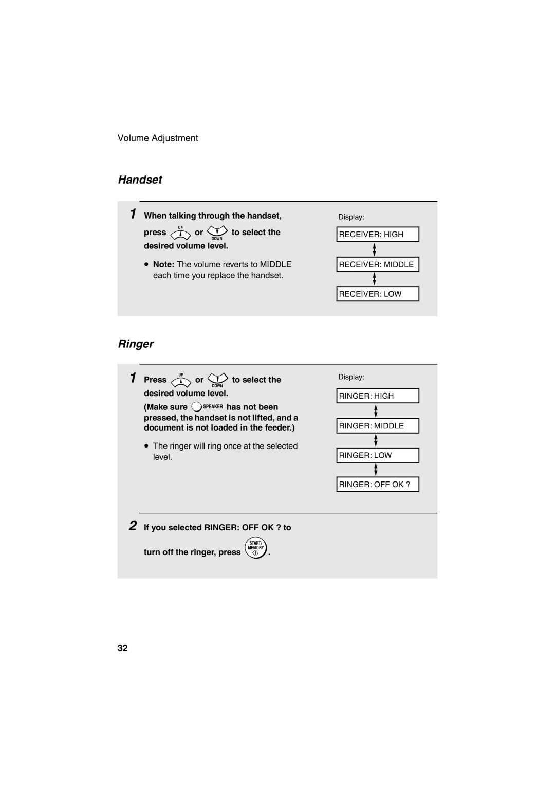 Sharp UX-B700 manual Handset, When talking through the handset Press To select, If you selected Ringer OFF OK ? to 