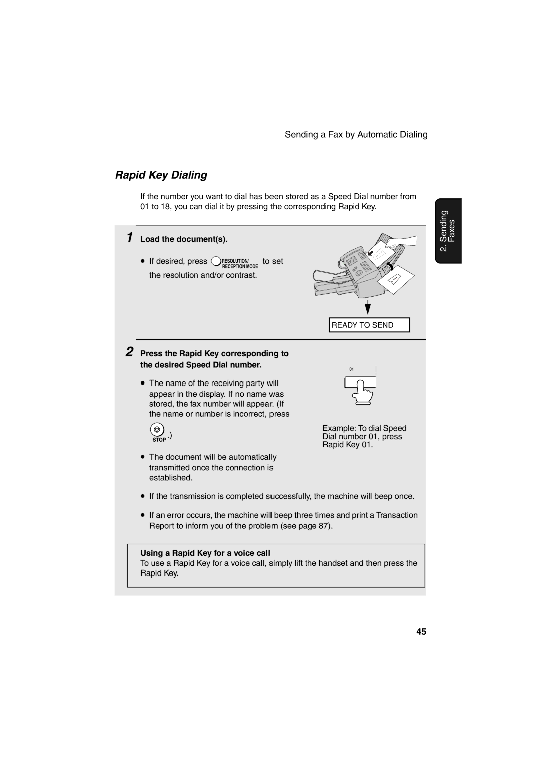 Sharp UX-B700 manual Rapid Key Dialing, Load the documents If desired, press, Using a Rapid Key for a voice call 