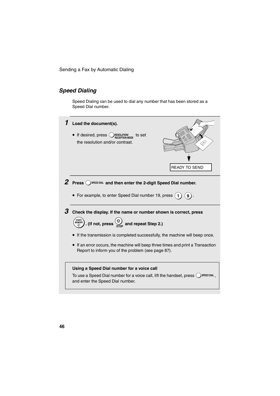 Sharp UX-B700 manual Speed Dialing, Memory . If not, press Repeat Step, Using a Speed Dial number for a voice call 