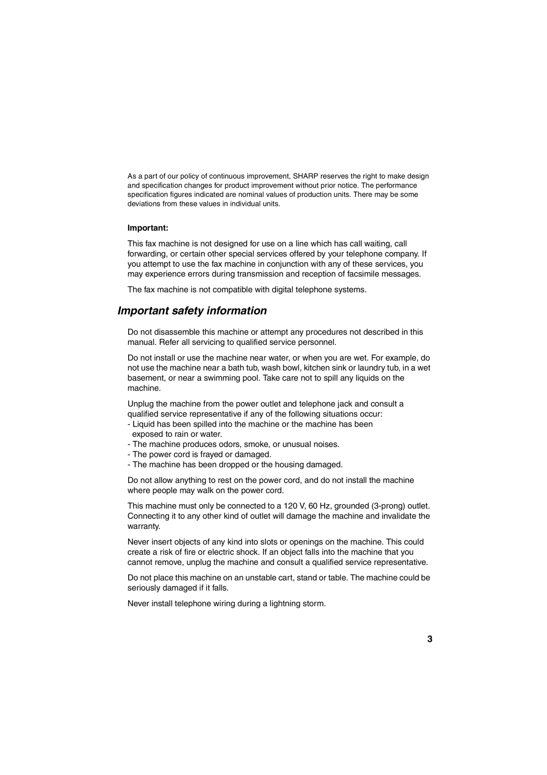 Sharp UX-B700 manual Important safety information 