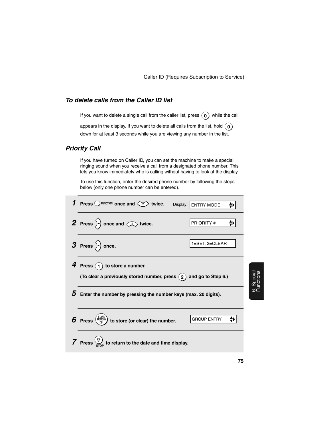 Sharp UX-B700 manual To delete calls from the Caller ID list, Priority Call, To store or clear the number 