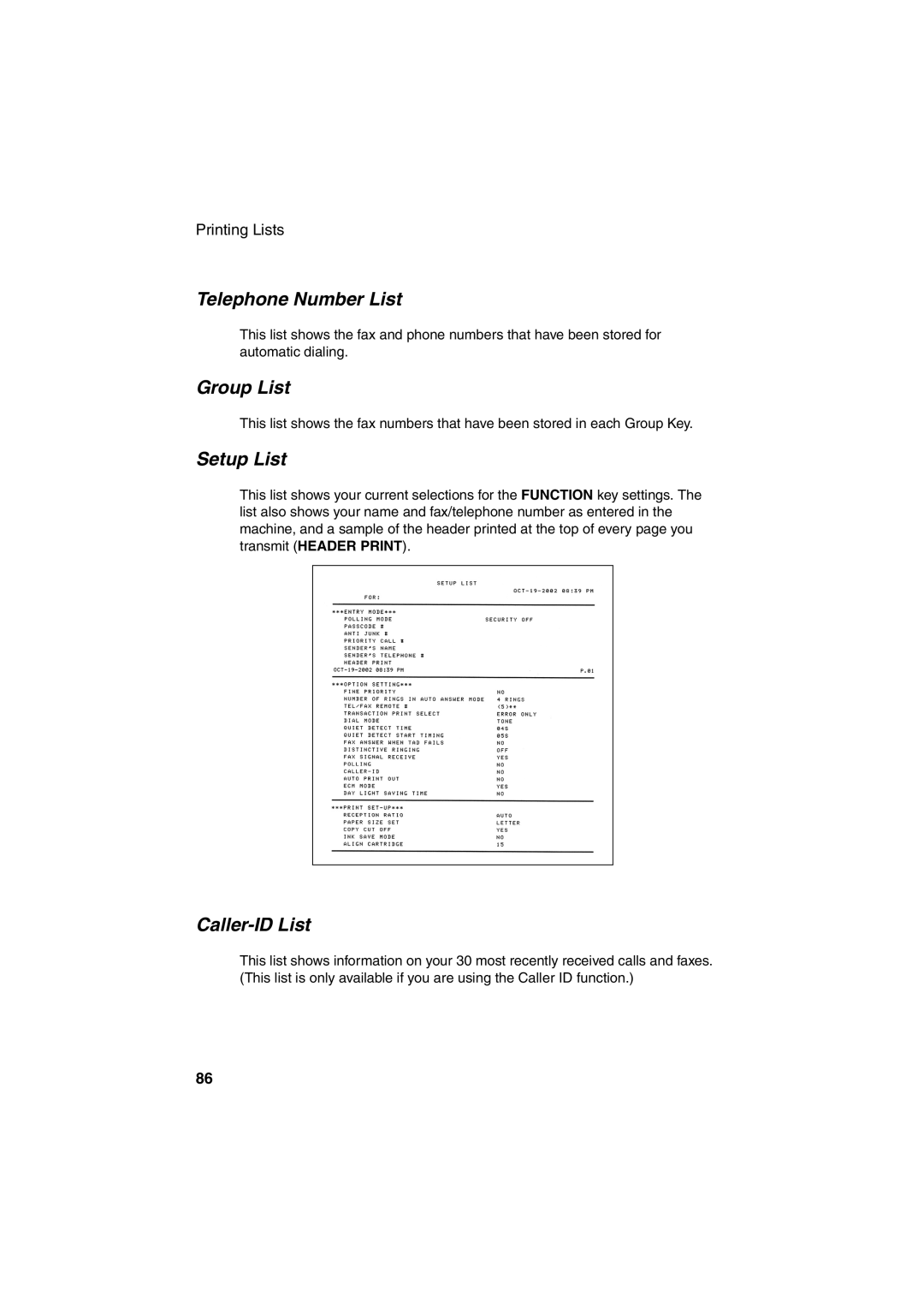 Sharp UX-B700 manual Telephone Number List, Group List, Setup List, Caller-ID List 