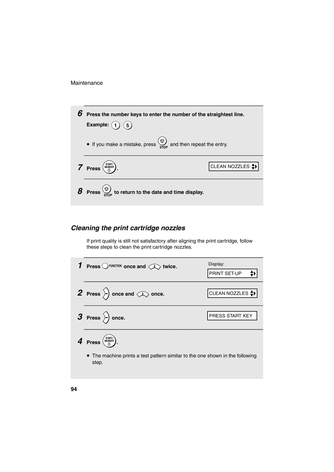 Sharp UX-B700 manual Cleaning the print cartridge nozzles, Press Memory 