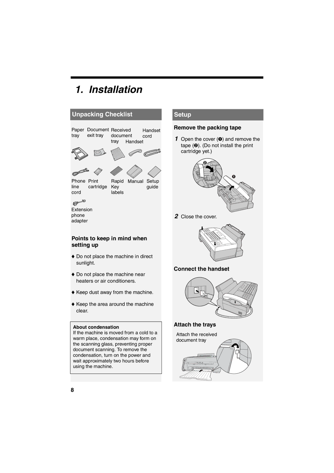 Sharp UX-B800 manual Installation, Unpacking Checklist, Setup 