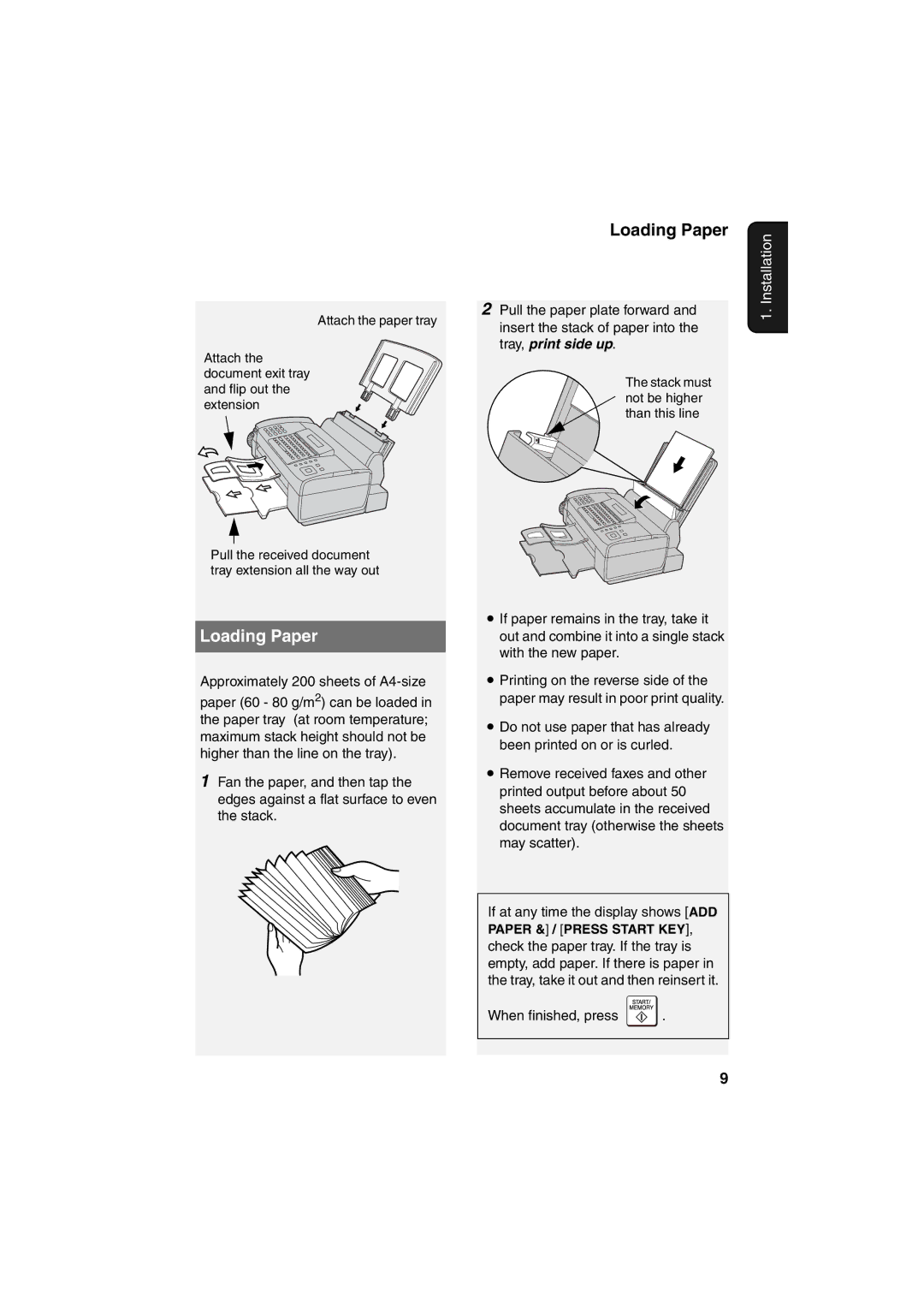 Sharp UX-B800 manual Loading Paper, Approximately 200 sheets of A4-size, When finished, press 