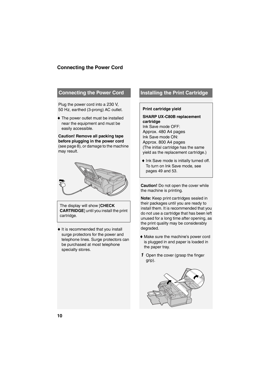 Sharp UX-B800 manual Connecting the Power Cord, Installing the Print Cartridge 