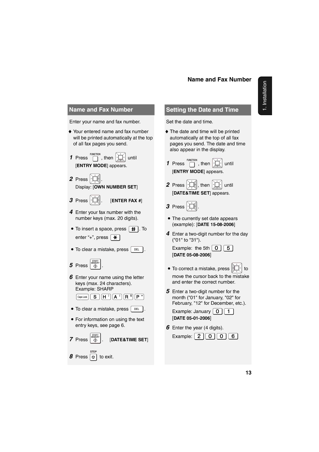 Sharp UX-B800 manual Name and Fax Number, Setting the Date and Time 