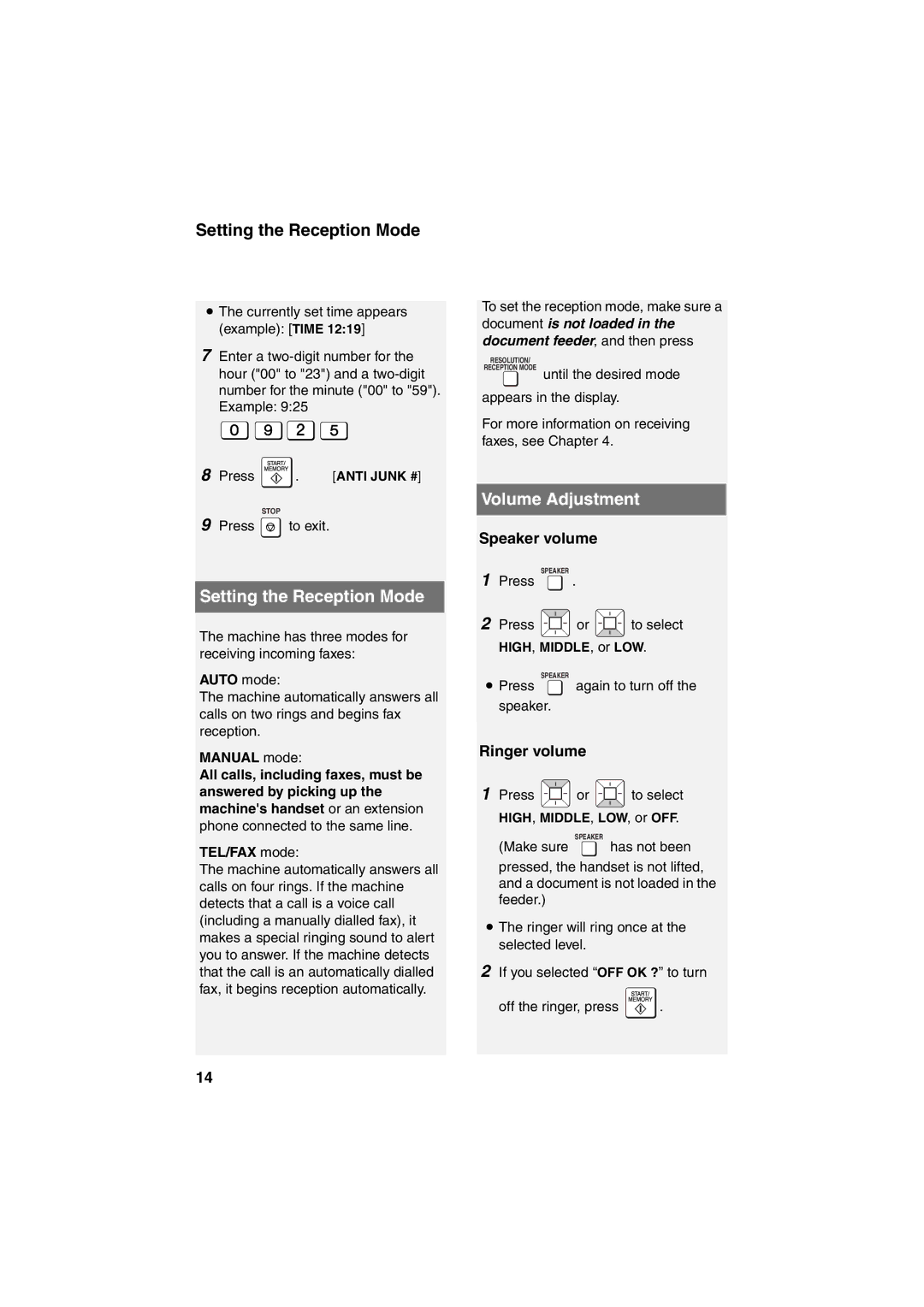 Sharp UX-B800 manual Setting the Reception Mode, Volume Adjustment, Speaker volume, Ringer volume 