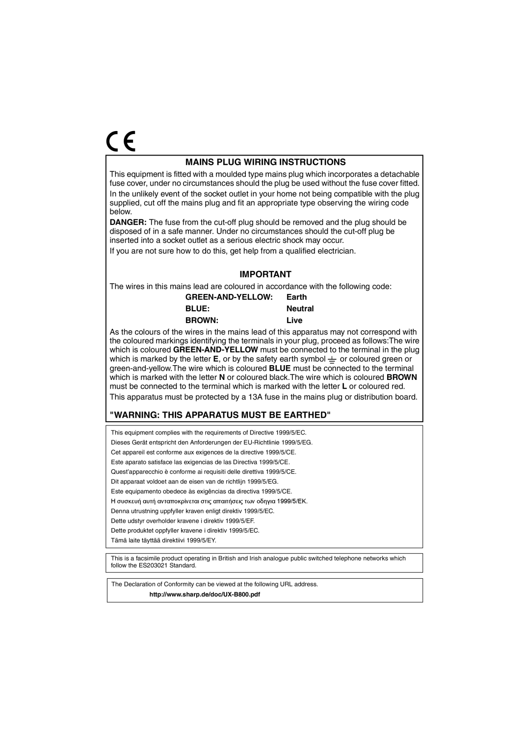 Sharp UX-B800 manual Mains Plug Wiring Instructions, GREEN-AND-YELLOW Earth BLUENeutral BROWNLive 