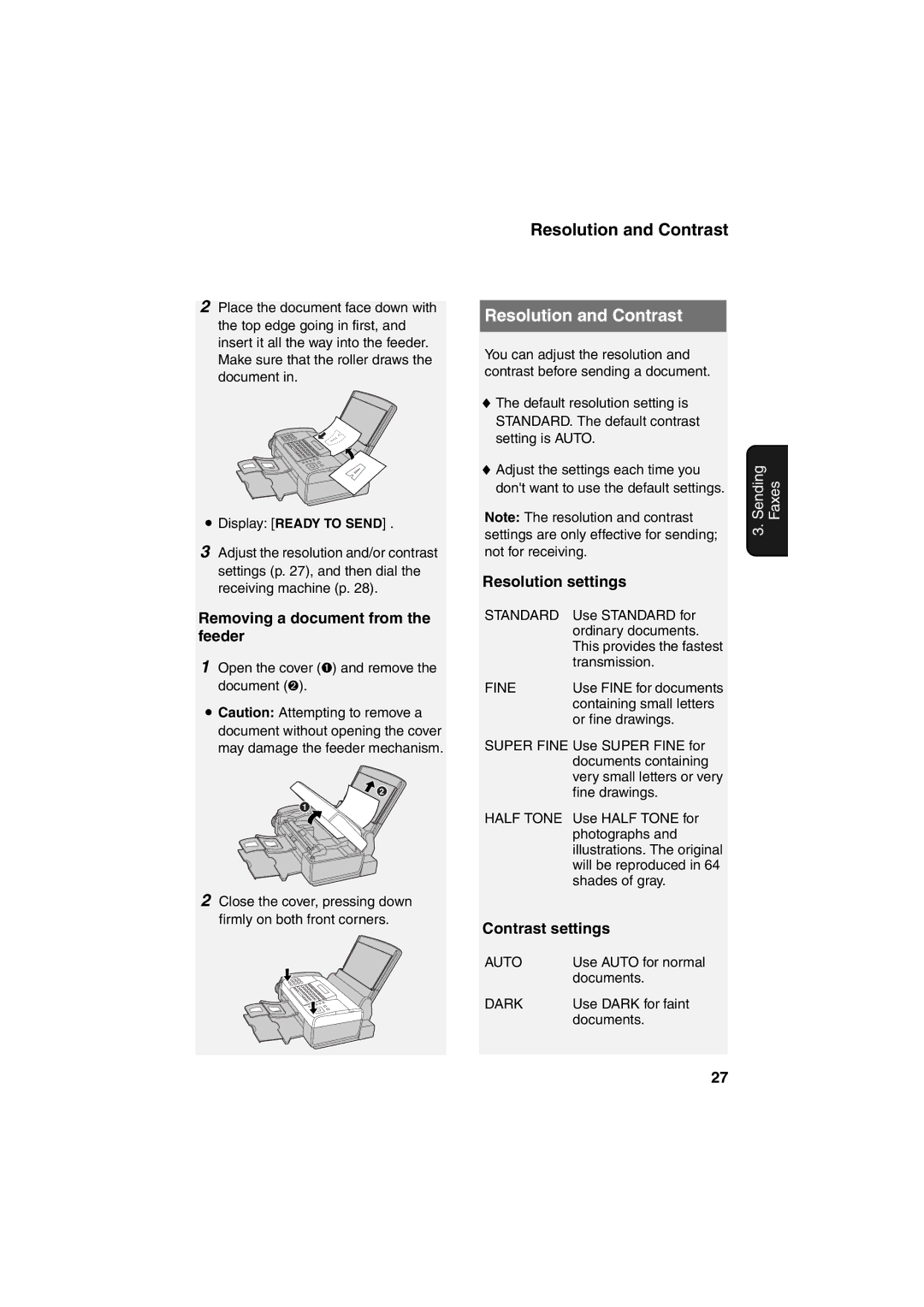 Sharp UX-B800 manual Resolution and Contrast, Removing a document from the feeder, Resolution settings, Contrast settings 