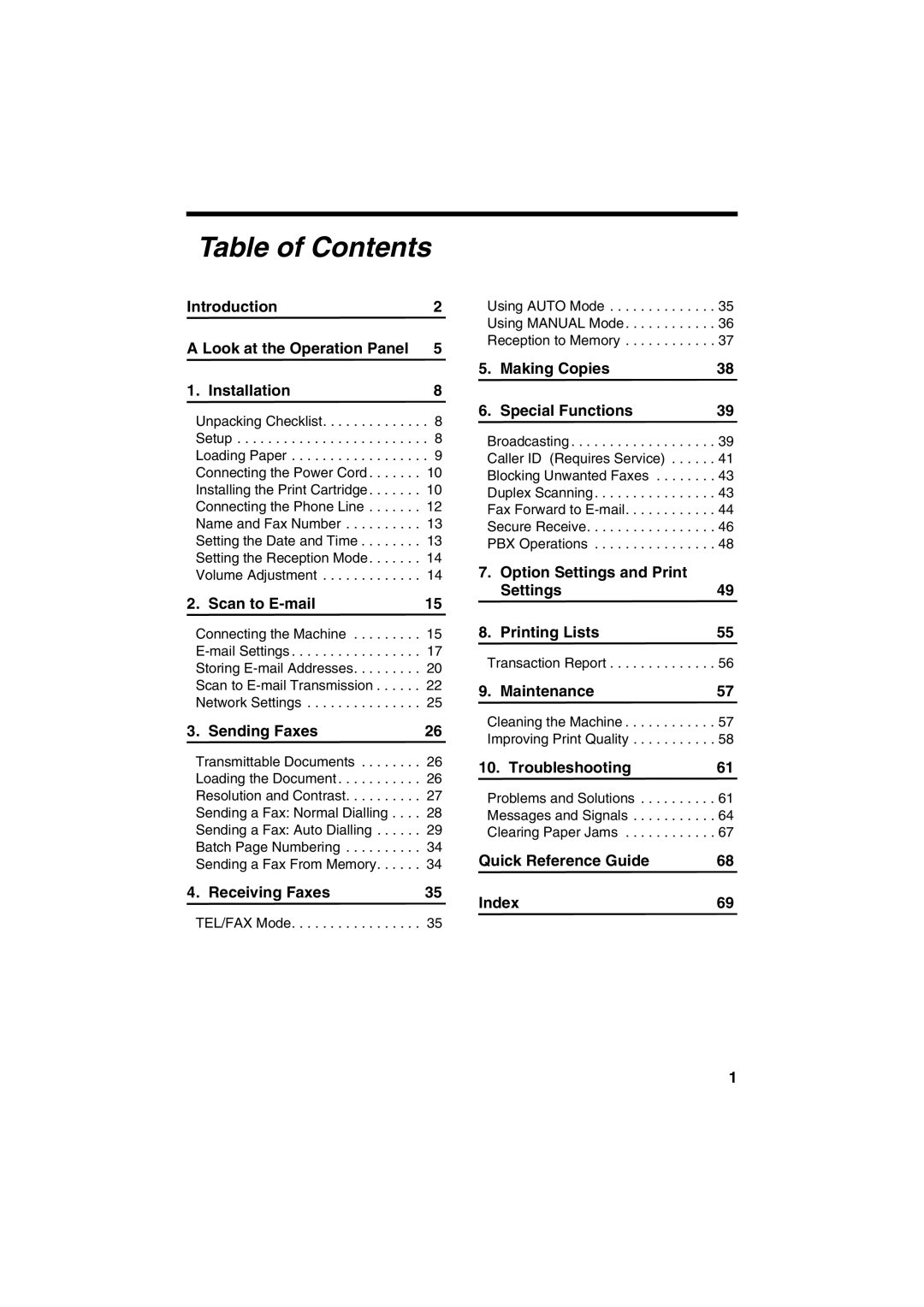 Sharp UX-B800 manual Table of Contents 