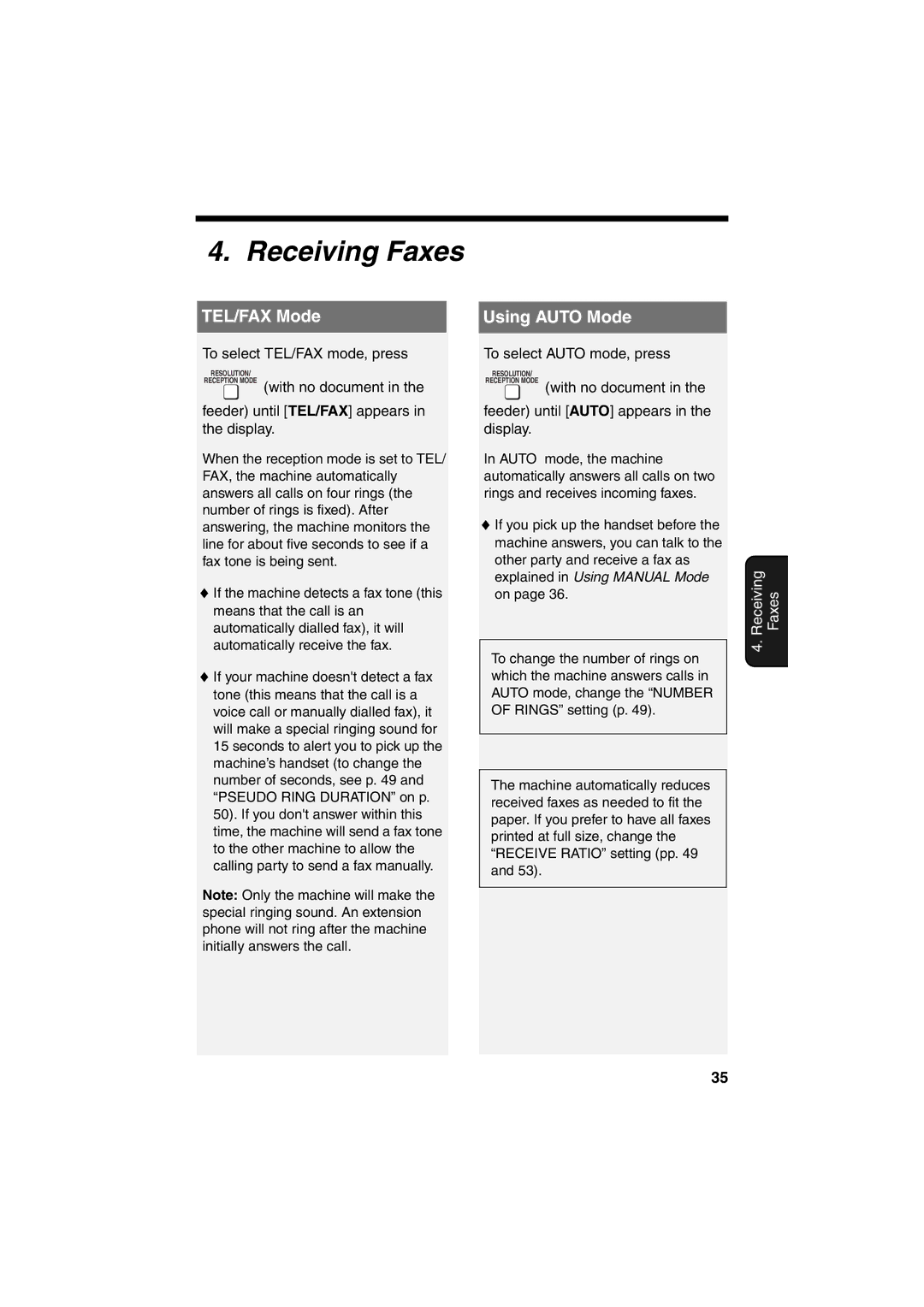 Sharp UX-B800 manual Receiving Faxes, TEL/FAX Mode Using Auto Mode 