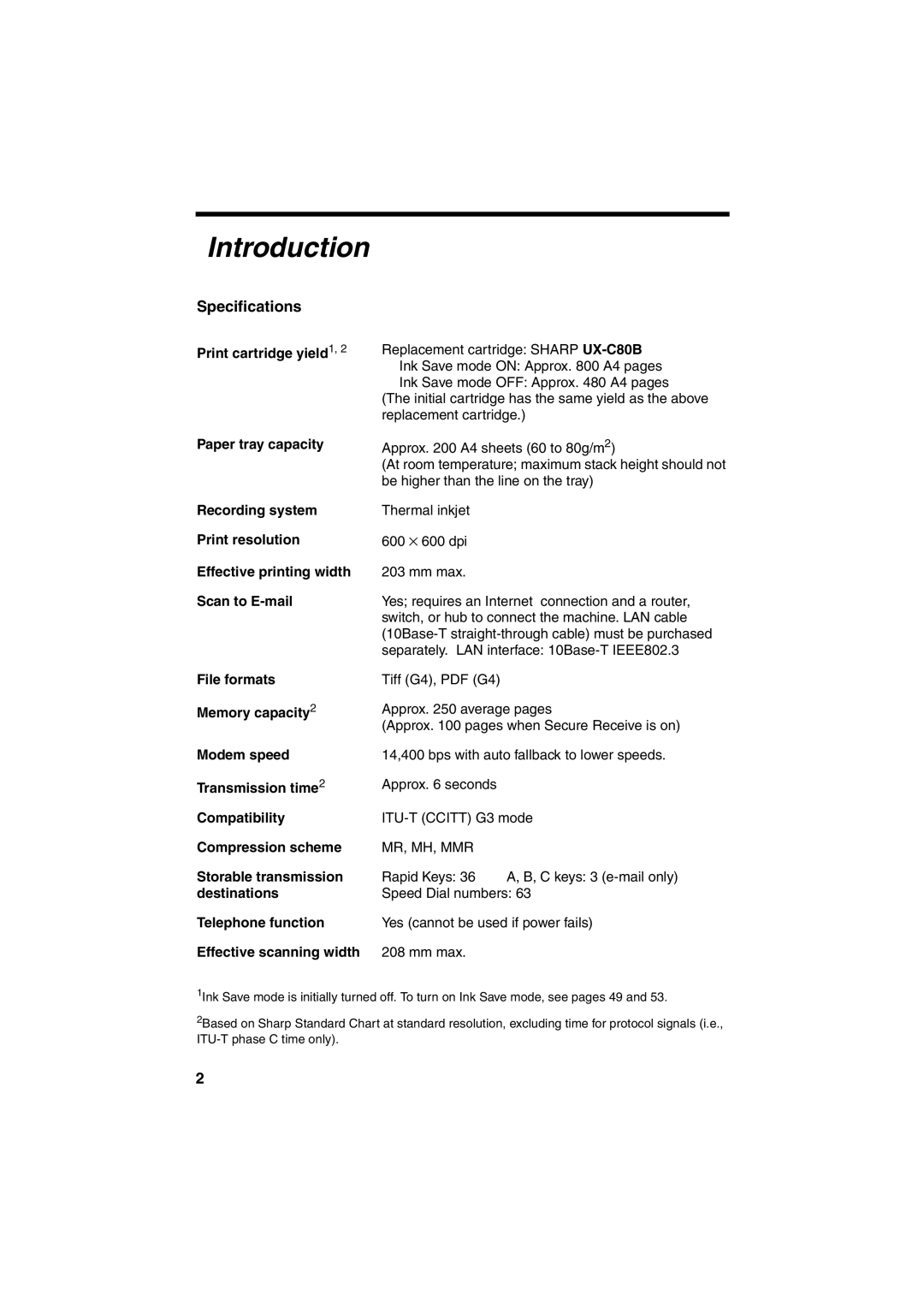 Sharp UX-B800 manual Introduction, Specifications 