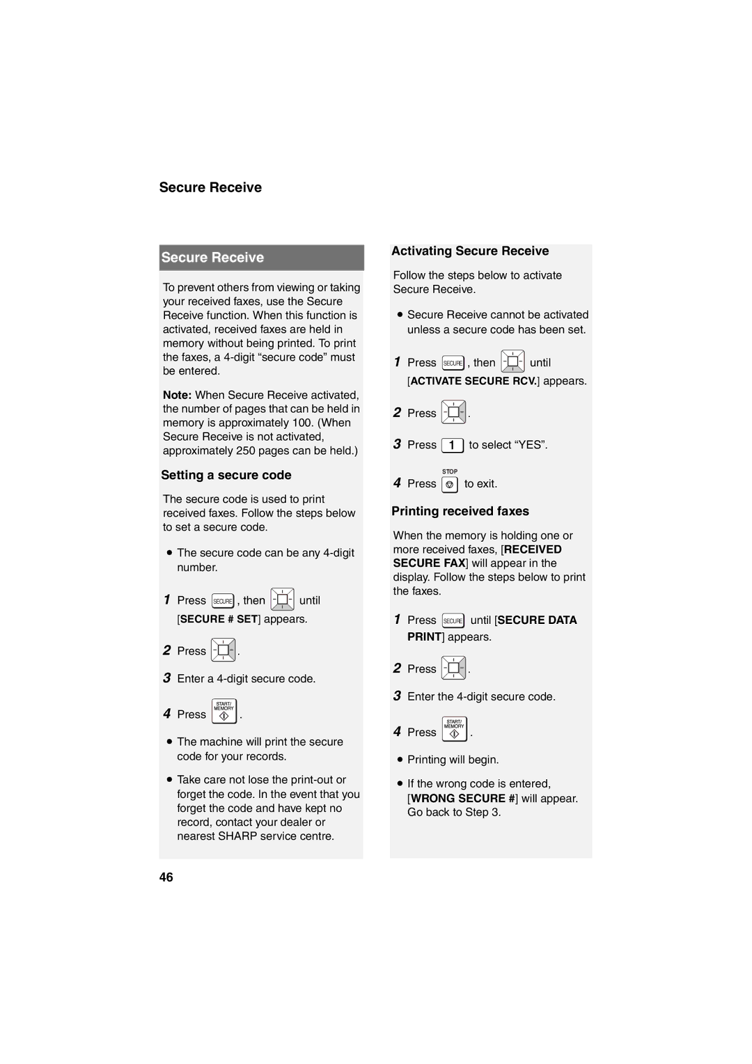 Sharp UX-B800 manual Setting a secure code, Activating Secure Receive, Printing received faxes 