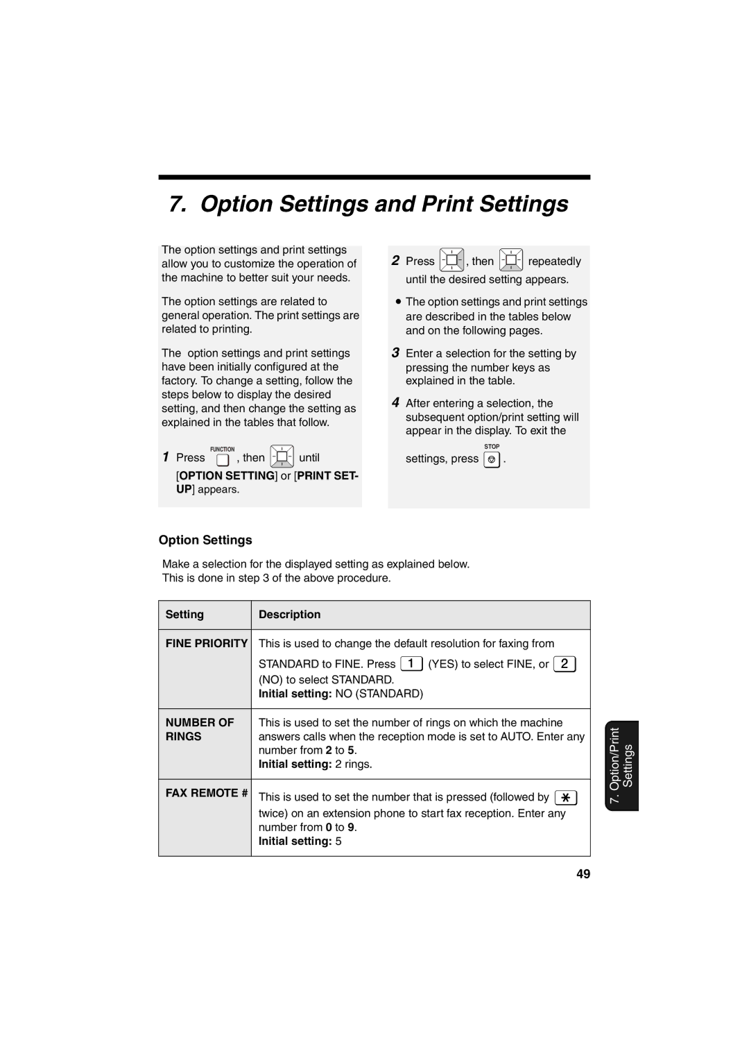 Sharp UX-B800 manual Option Settings and Print Settings 