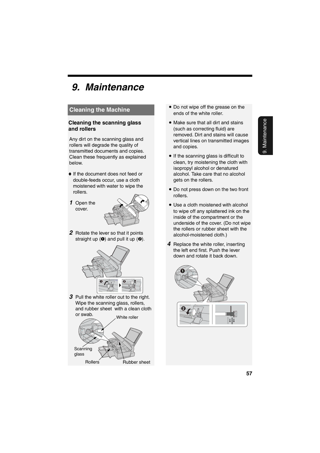 Sharp UX-B800 manual Maintenance, Cleaning the Machine, Cleaning the scanning glass and rollers 