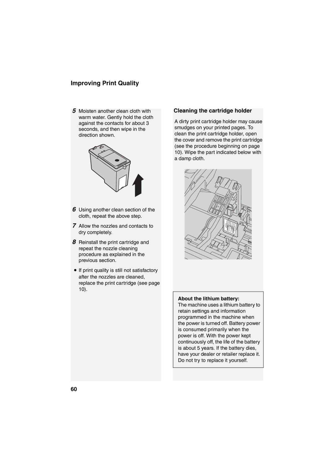 Sharp UX-B800 manual Cleaning the cartridge holder, About the lithium battery 