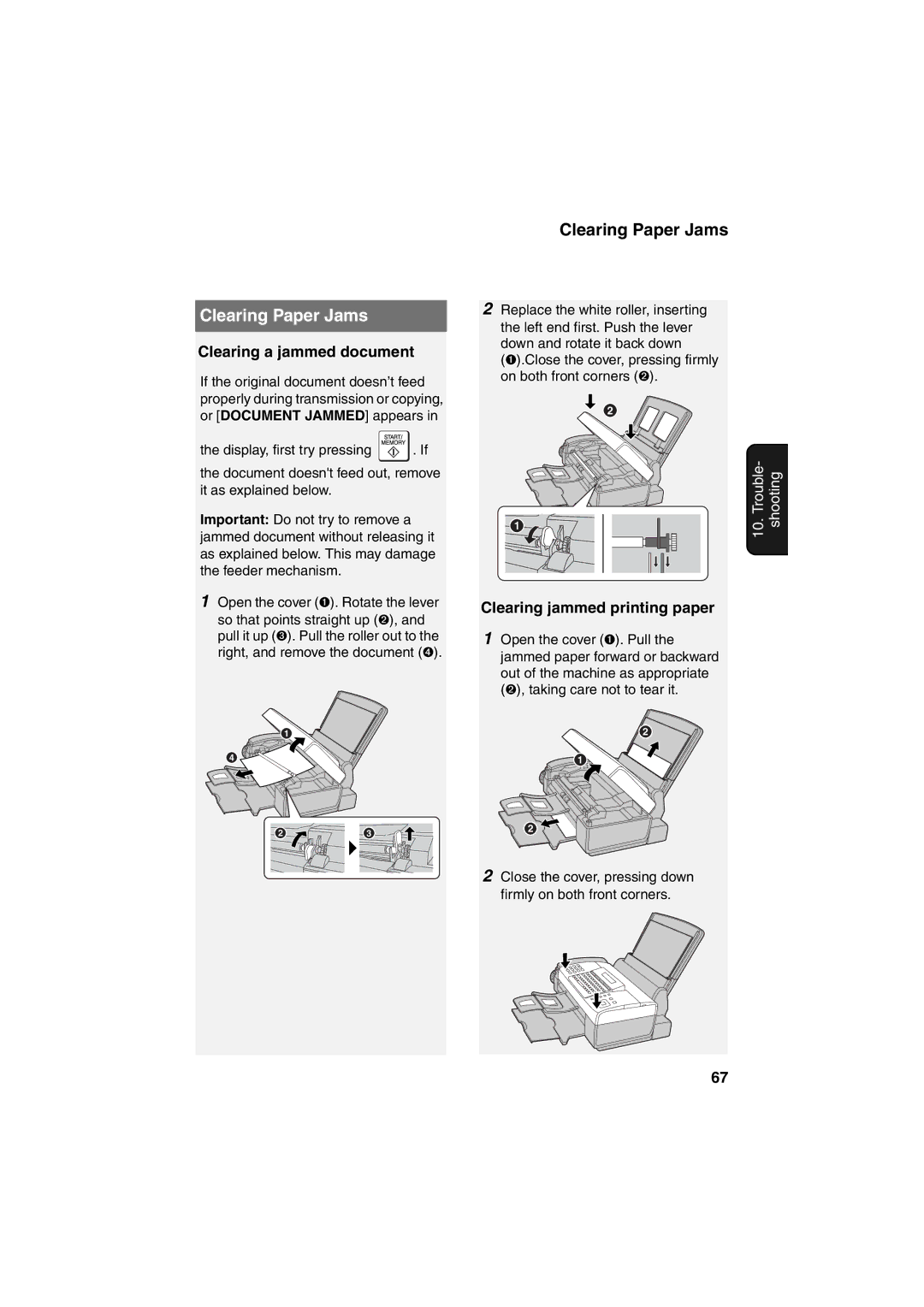 Sharp UX-B800 manual Clearing Paper Jams, Clearing a jammed document, Clearing jammed printing paper 