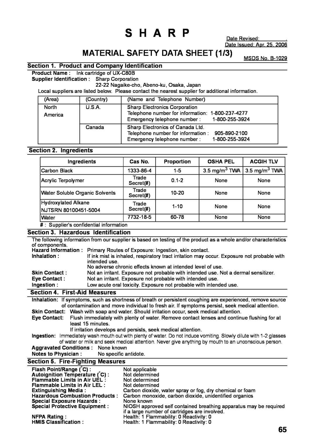 Sharp UX-B800SE operation manual S H A R P, MATERIAL SAFETY DATA SHEET 1/3, Section, Ingredients, Hazardous Identification 